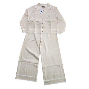 Women's Pajama Set L Beige Long Sleeve Button Up Top Wide Leg Pants Lounge